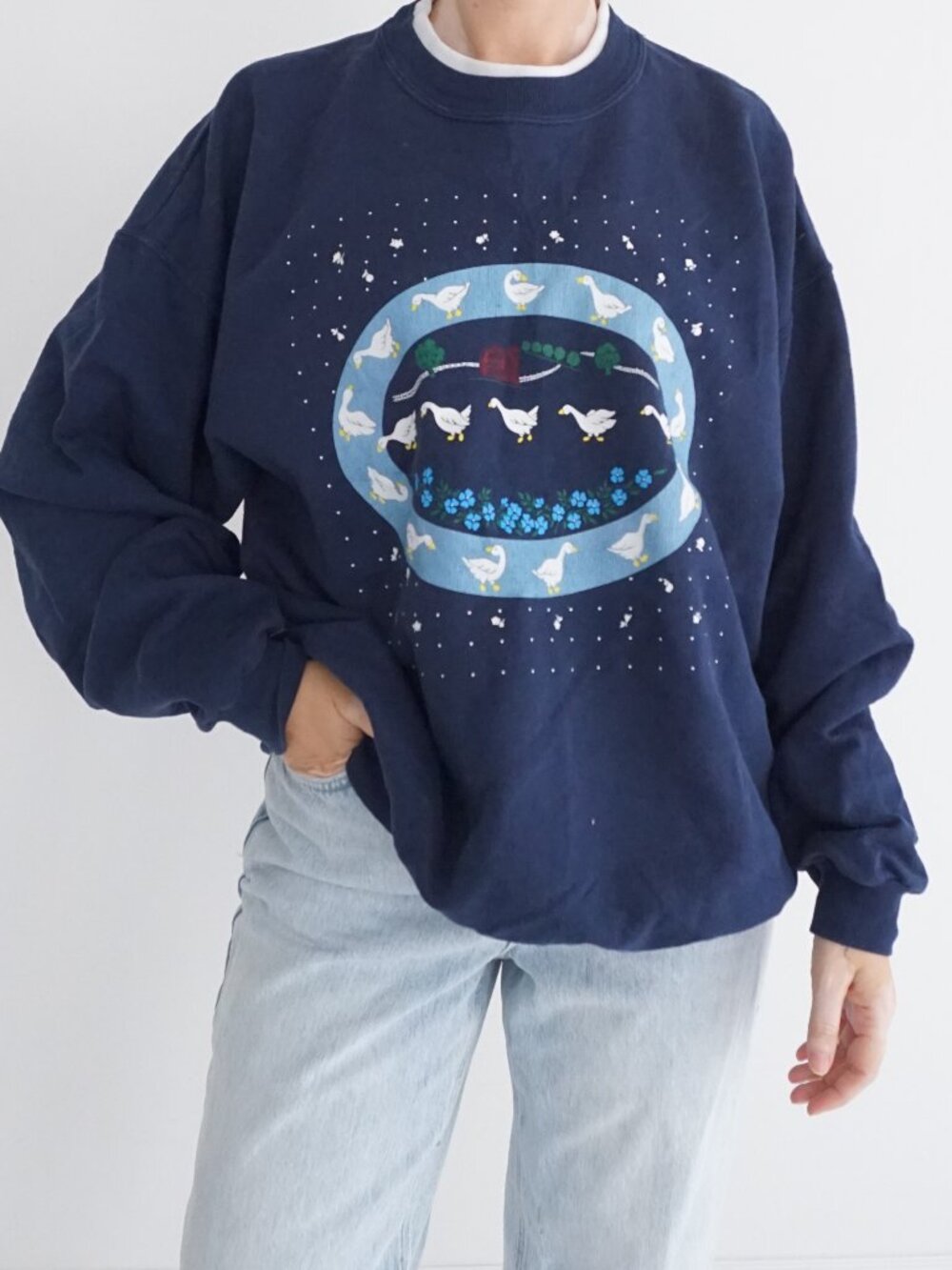 Vintage Morning Sun Navy Ducks Pond Scenic Nature Graphic Sweatshirt XL
